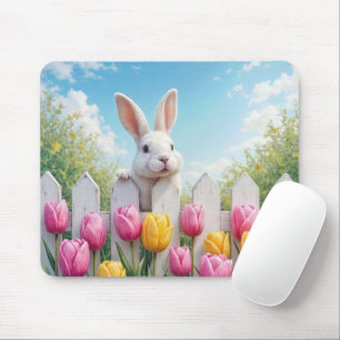Mousepad Coelhinho Branco em um Jardim de Tulipas