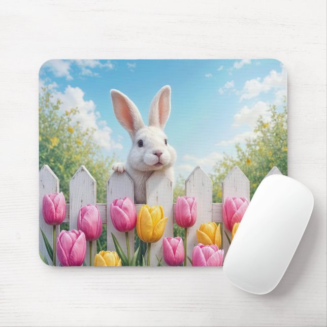 Mousepad Coelhinho Branco em um Jardim de Tulipas (Com mouse)