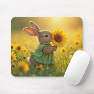 Mousepad Coelhinho cheirando um girassol amarelo