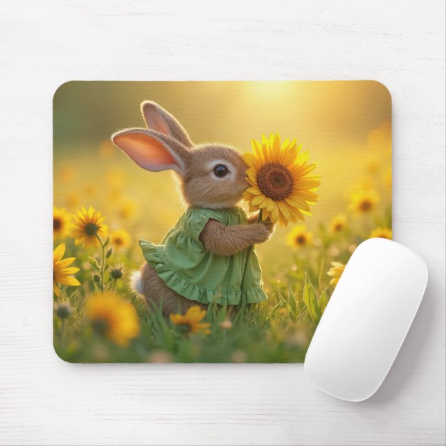 Mousepad Coelhinho cheirando um girassol amarelo (Com mouse)