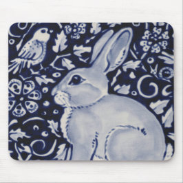 Mousepad Coelho Azul e Branco com Rato Design de Azulejo de