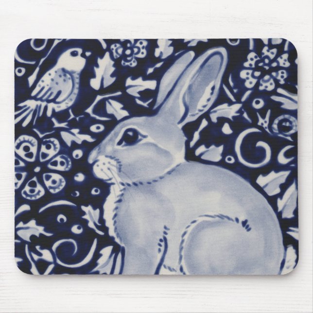 Mousepad Coelho Azul e Branco com Rato Design de Azulejo de (Frente)