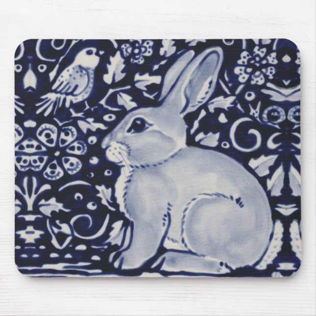 Mousepad Coelho Azul e Branco com Rato Design de Azulejo de (Frente)