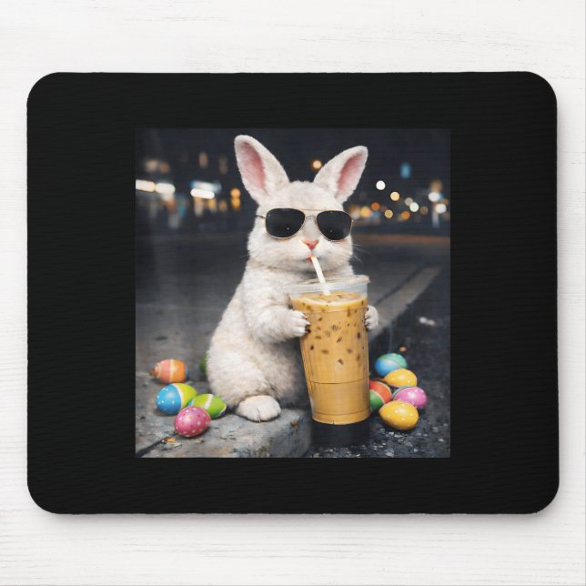 Mousepad Coelho Bebendo Café Gelado Funny Easter Egg Rabbit (Frente)