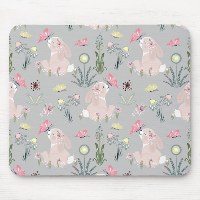 Mousepad coelho bonito com flores e borboletas (Frente)