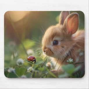 Mousepad Coelho bonito e uma joaninha no campo verde