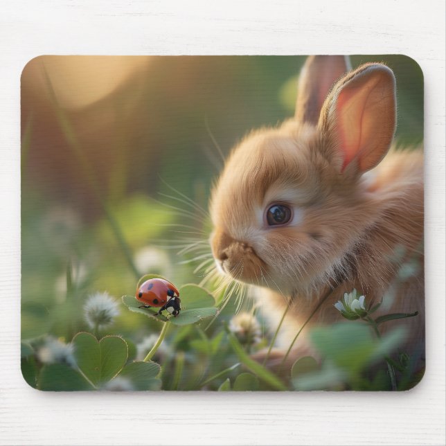 Mousepad Coelho bonito e uma joaninha no campo verde (Frente)