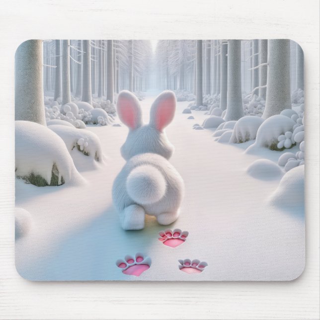 Mousepad Coelho Branco Comprando numa Floresta de Inverno (Frente)