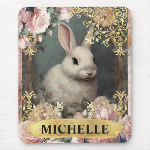 Mousepad Coelho Branco da Watercolor Vintage e Rosas Rosa