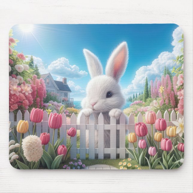 Mousepad Coelho Branco em um Jardim de Primavera (Frente)
