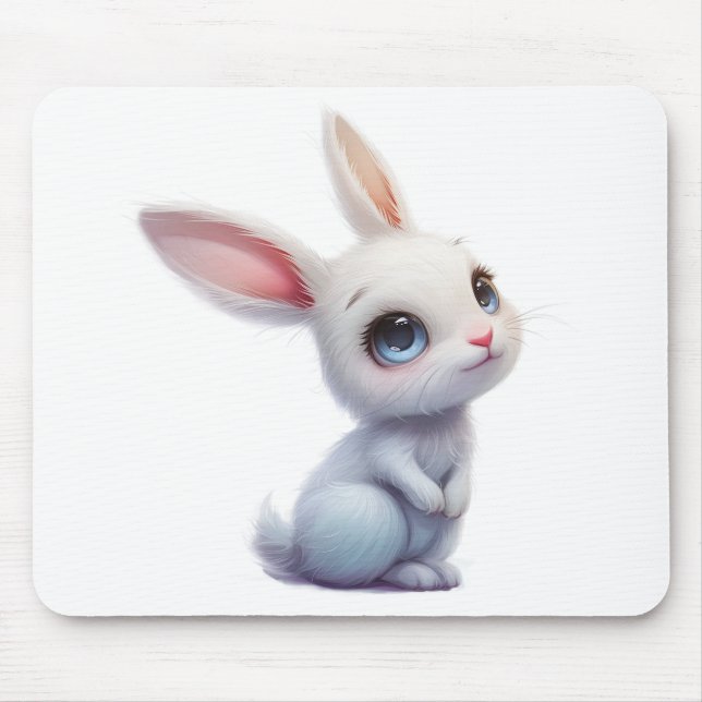 Mousepad Coelho Branco Fofo com Olhos Azuis Grandes (Frente)