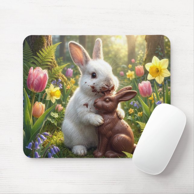 Mousepad Coelho Branco Lambendo um Coelho de Chocolate da P (Com mouse)