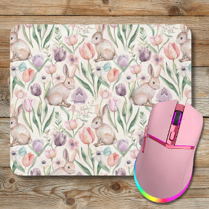 Mousepad Coelho Cinza Fofo com Tulipas Coloridas