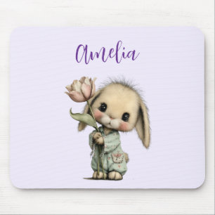 Mousepad Coelho Fofo Segurando um Tulipa