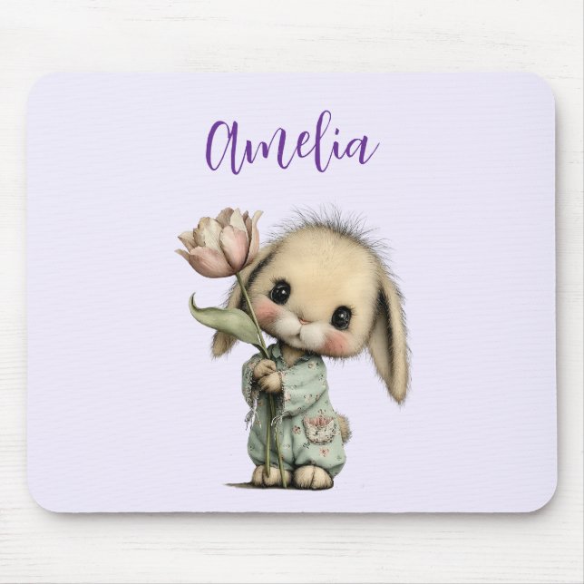 Mousepad Coelho Fofo Segurando um Tulipa (Frente)