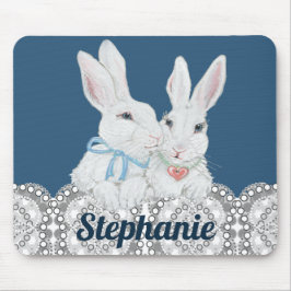 Mousepad Coelho Personalizado Azul e Branco Lace Bonito