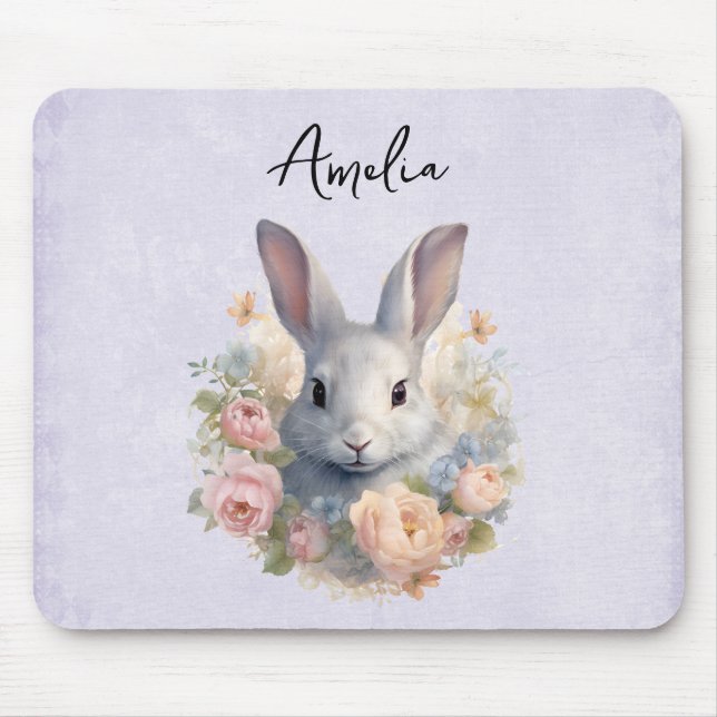 Mousepad Coelho Rodeado por Flores Pastel Cute (Frente)
