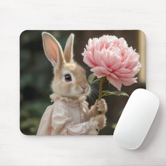 Mousepad Coelho segurando uma Peônia Rosa (Com mouse)