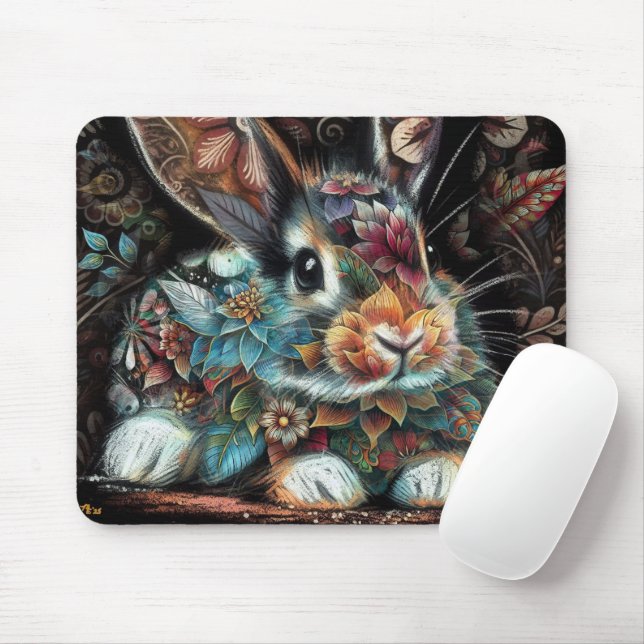 Mousepad Coelho Whimsso Rabbit Floral Abstrato Teal Preto (Com mouse)