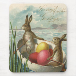 Mousepad Coelhos de Páscoa Vintage em um Barco com Ovos de