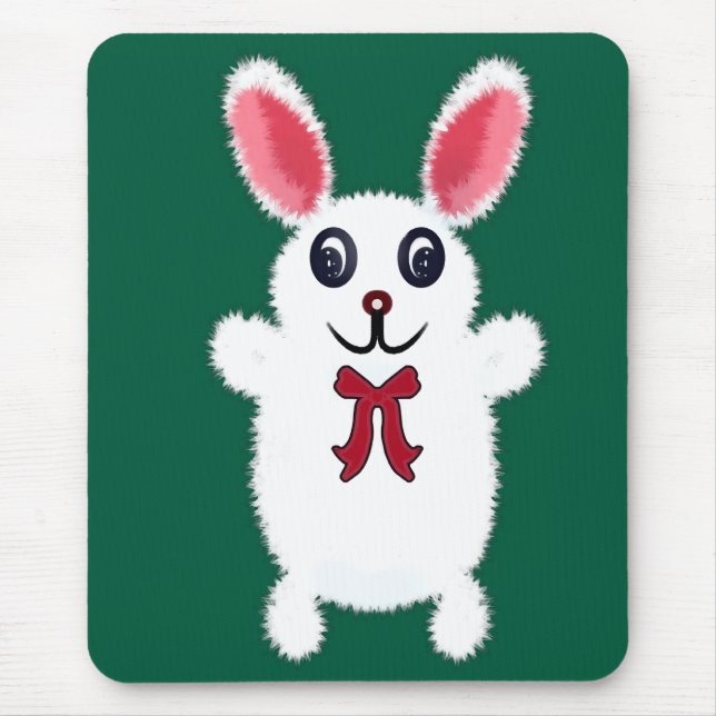 Mousepad Coelhozinho Branco Fofinho com Laço Vermelho - Chr (Frente)