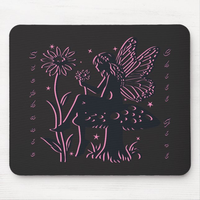 Mousepad Cogumelo de Fada Fofo e Garota Relax da Flor (Frente)