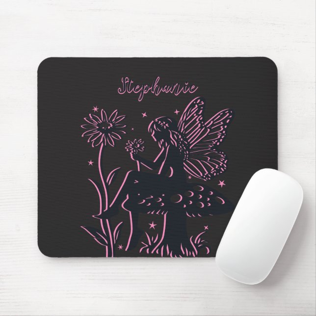 Mousepad Cogumelo e Flor de Fada Fofo Preto e Rosa (Com mouse)