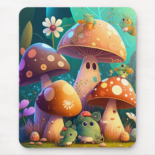 Mousepad Cogumelos e flores insetos verdes (Frente)