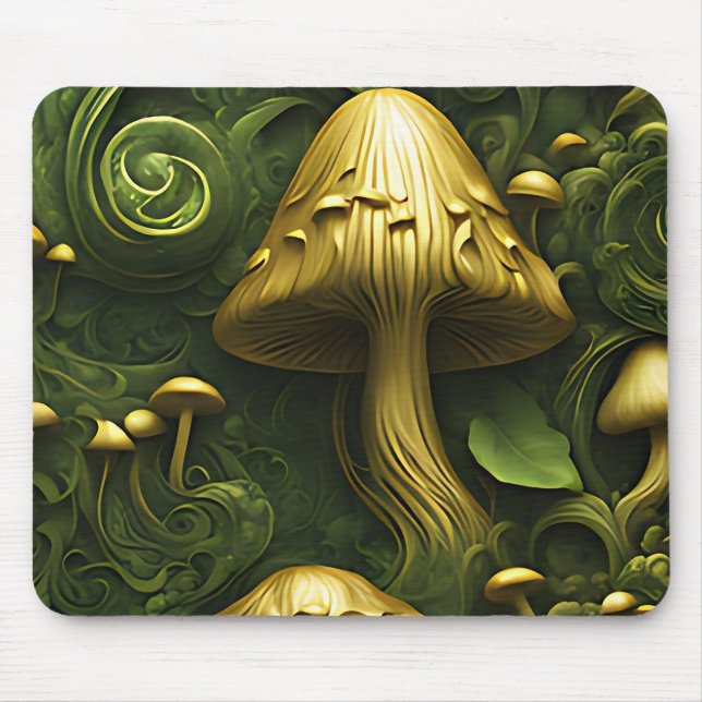 Mousepad Cogumelos verdes e dourados em floral (Frente)
