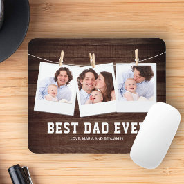 Mousepad Colagem de 3 Fotos em Madeira Rústica Melhor Pai d