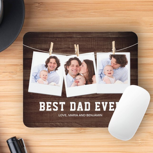Mousepad Colagem de 3 Fotos em Madeira Rústica Melhor Pai d (Criador carregado)