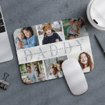 Mousepad Colagem de Fotografias de Pai Personalizada e Nome<br><div class="desc">Crie um presente personalizado legal para o melhor pai de todos os tempos com este mousepad de colagem de fotos. Use as modelos para adicionar 6 fotos e personalize com os nomes dos filhos ou uma mensagem personalizada no centro, sobreposta a "PAI" em caracteres de cinza mole. Faz um presente...</div>