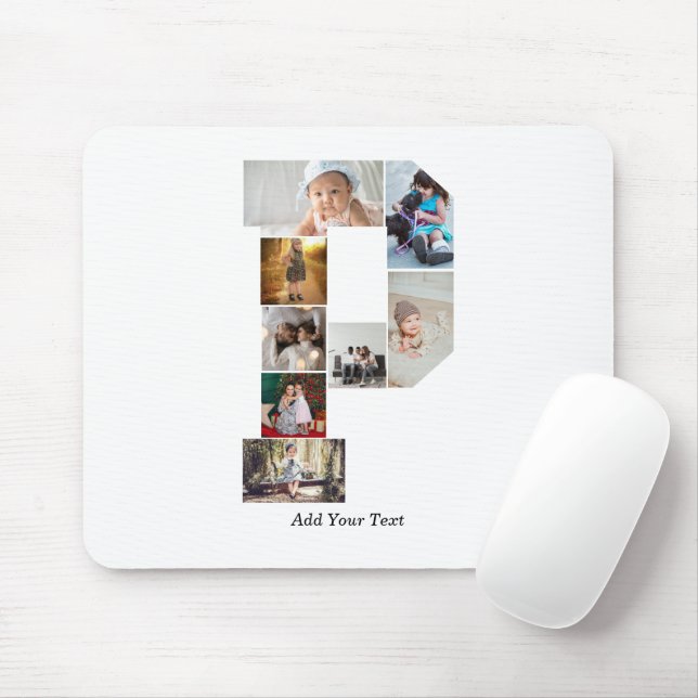 Mousepad Colagem de Fotos com Letra P em Preto e Branco (Com mouse)