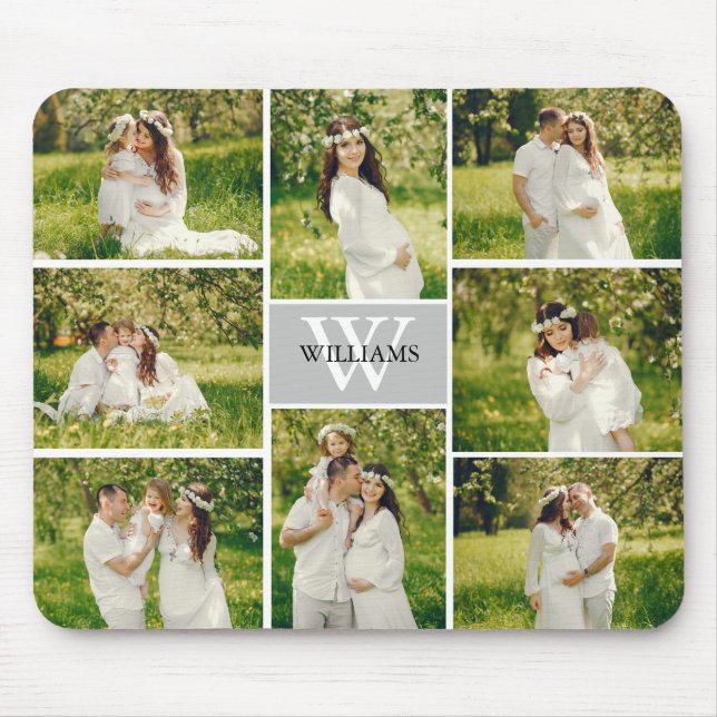 Mousepad Colagem de Fotos da Cinza do Monograma Clássico (Frente)