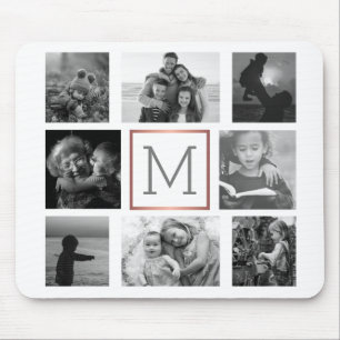 Mousepad Colagem de Fotos da Família Monograma Preto e Bra