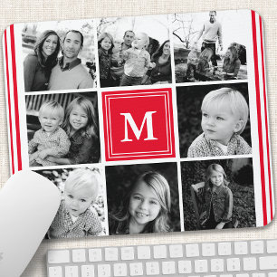 Mousepad Colagem de Fotos da Família Monograma Vermelho