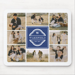 Mousepad Colagem de Fotos de Ano e Monograma Branco Azul