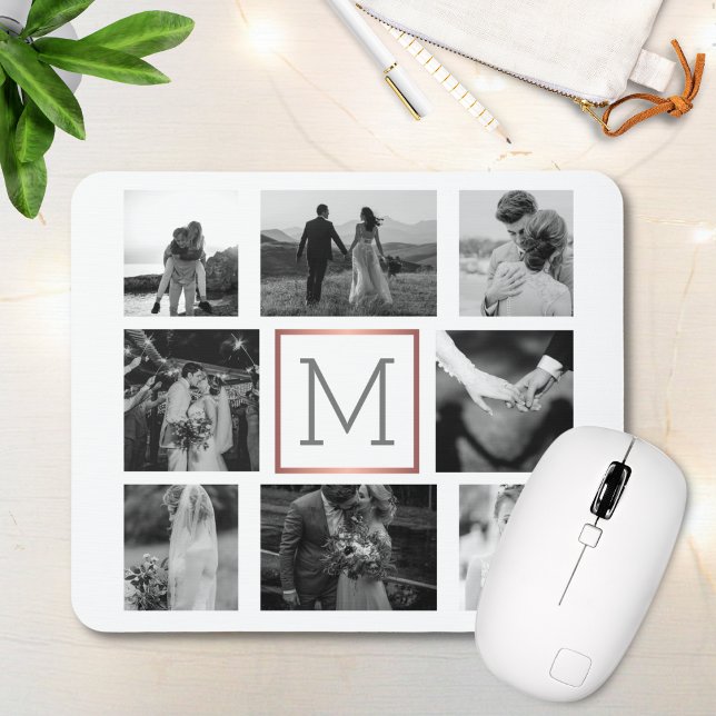 Mousepad Colagem de Fotos de Casamento Monograma Preto e Br (Criador carregado)