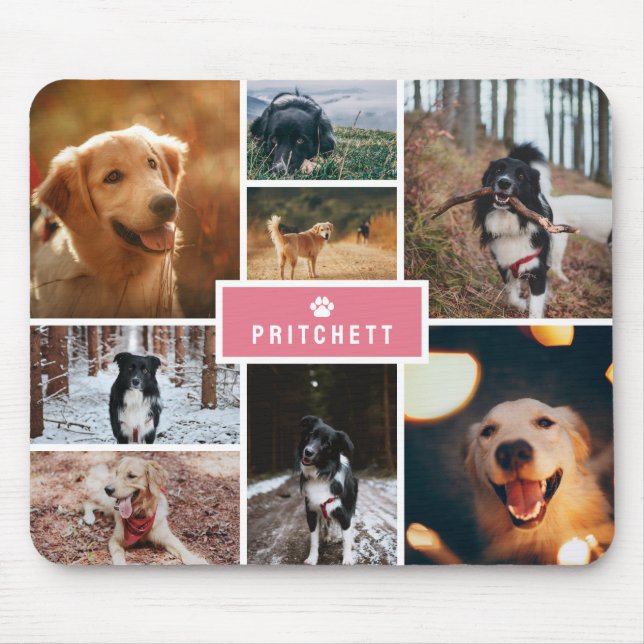 Mousepad Colagem de Fotos e Monograma de Cães Rosa (Frente)
