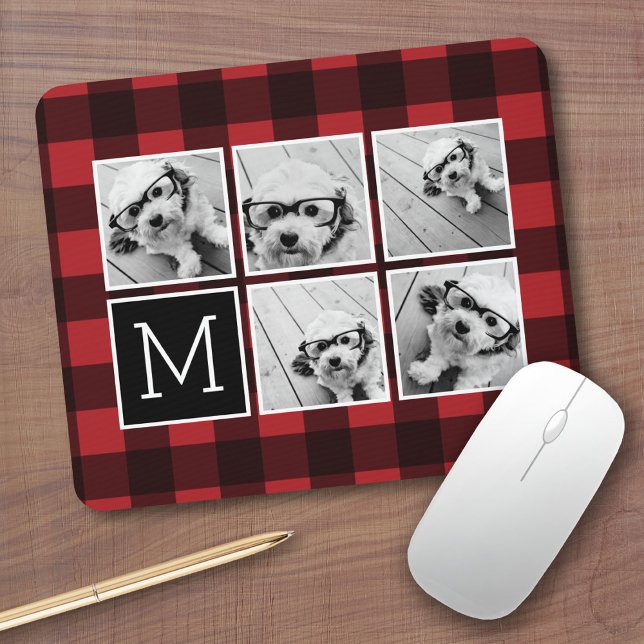 Mousepad Colagem de Fotos - Xadrez de Búfalos Vermelho Mono (Personalized mousepad - Add Photos and Custom Text)
