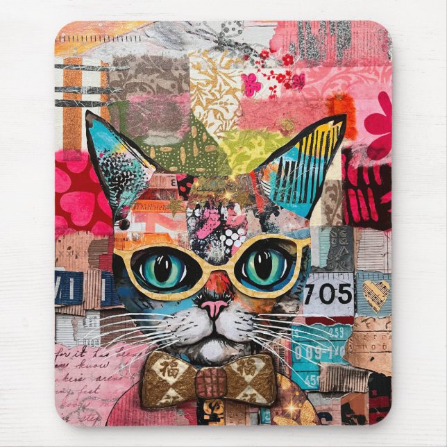 Mousepad Colagem de Papel Misto Misto de Gato (Frente)