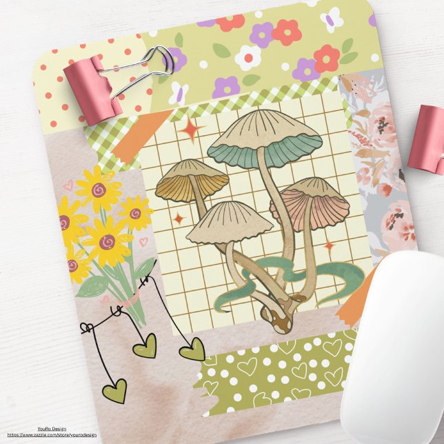 Mousepad Colagem de trabalho de arte floral de Cogumelos re (Criador carregado)