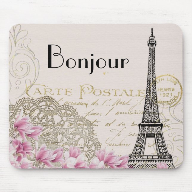 Mousepad Colagem em Torre Eiffel de Bonjour Vintage com Flo (Frente)