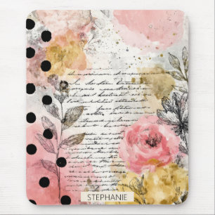 Mousepad Colagem Floral Amarelo Rosa em Papel Antigo