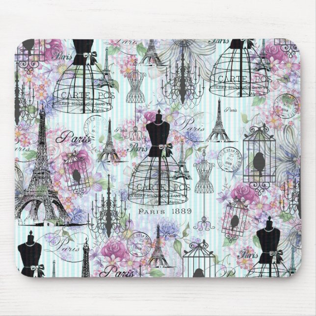 Mousepad Colagem floral do manequim de Torre Eiffel Vintage (Frente)
