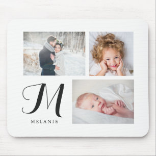 Mousepad Colagem preto e branco de três fotos com monogram