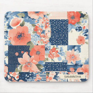 Mousepad Colcha de retalhos florais Americana em Azul Marin