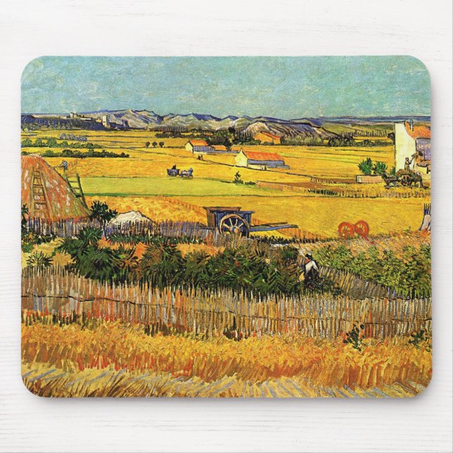 Mousepad Colheita em La Crau, Montmajour, por Vincent van G (Frente)