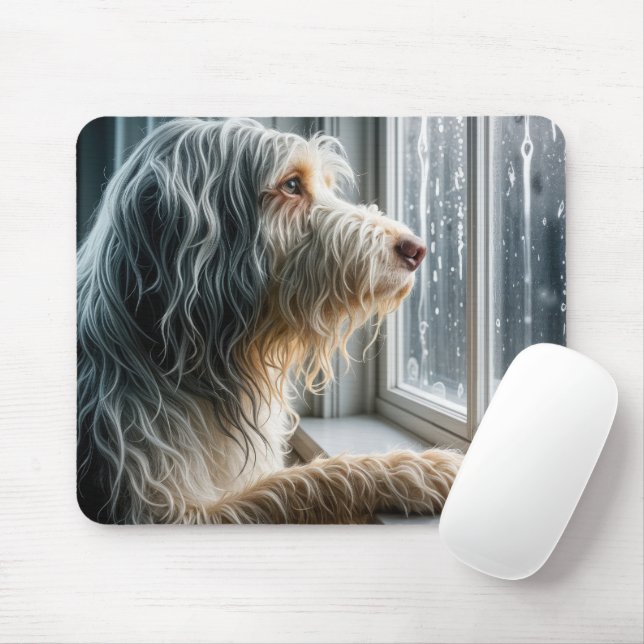Mousepad Collie Barbudo Olhando para uma Janela Chuvosa (Com mouse)