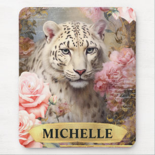 Mousepad Coloração d'água, Leopardo branco e rosas cor-de-r